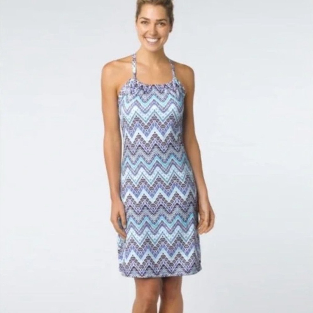 Prana Blue & White Chevron Backless Halter Dress